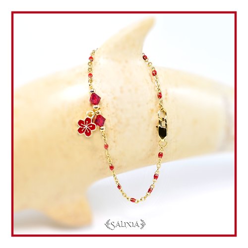 Bracelet fleur "sakura" rubis cristal chaine et mousqueton acier inoxydable doré (#bc209)