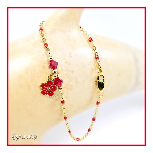 Bracelet fleur "sakura" rubis cristal chaine et mousqueton acier inoxydable doré (#bc209)
