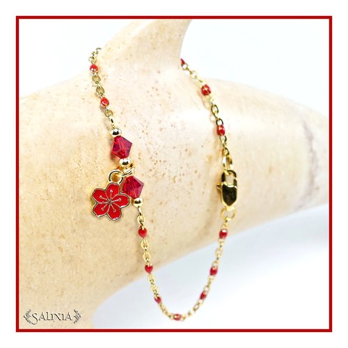 Bracelet fleur "sakura" rubis cristal chaine et mousqueton acier inoxydable doré (#bc209)