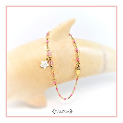 Bracelet fleur "sakura" rose cristal chaine et mousqueton acier inoxydable doré (#bc210)