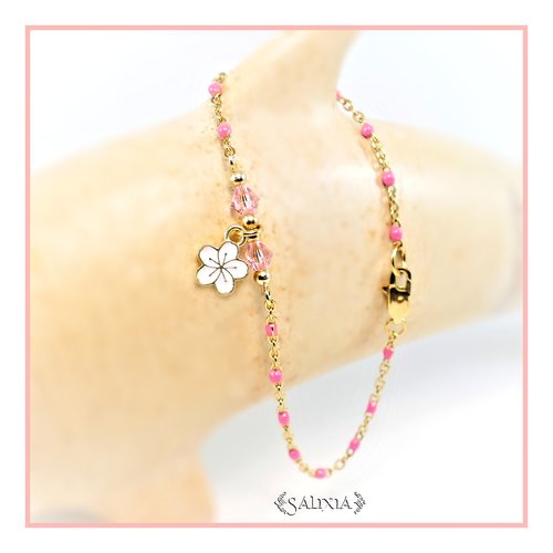 Bracelet fleur "sakura" rose cristal chaine et mousqueton acier inoxydable doré (#bc210)
