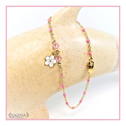 Bracelet fleur "sakura" rose cristal chaine et mousqueton acier inoxydable doré (#bc210)