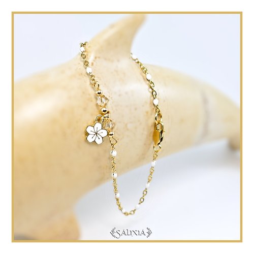 Bracelet fleur "sakura" blanc cristal chaine et mousqueton acier inoxydable doré (#bc211)
