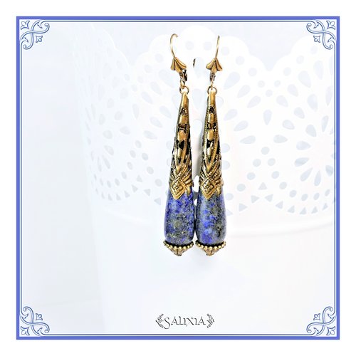 Boucles d'oreilles gouttes pierres fines de lapis lazuli naturelles dormeuses ou crochets au choix (#bo635)