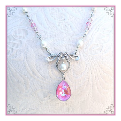 Pièce unique - collier hortensia cristal perles eau douce style art nouveau laiton plaqué argent sterling haute qualité (#c229 p203)