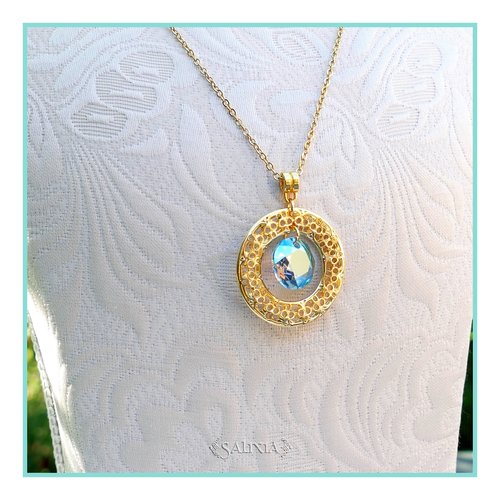 Collier pendentif cristal connecteur filigrane doré à l'or fin chaîne et mousqueton acier inoxydable doré (#c232)