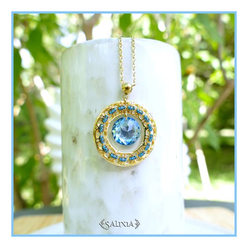 Collier pendentif cristal connecteur filigrane doré à l'or fin chaîne et mousqueton acier inoxydable doré (#c232)