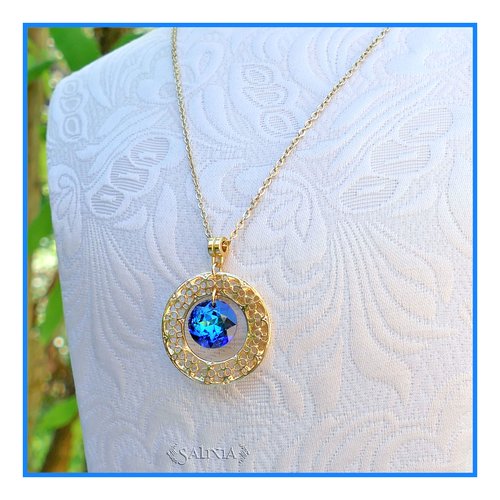 Collier pendentif cristal connecteur filigrane doré à l'or fin chaîne et mousqueton acier inoxydable doré (#c233)