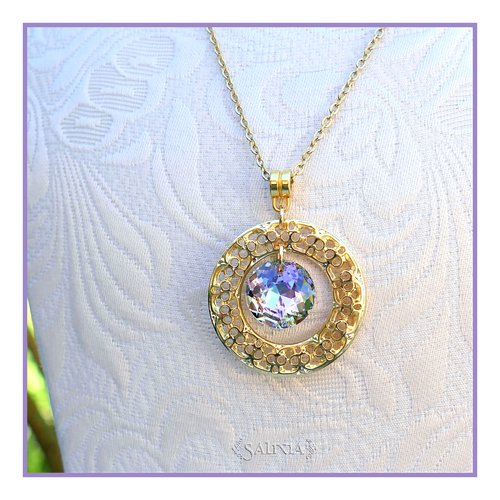 Collier pendentif cristal connecteur filigrane doré à l'or fin chaîne et mousqueton acier inoxydable doré (#c234)