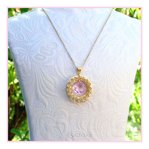Collier pendentif cristal connecteur filigrane doré à l'or fin chaîne et mousqueton acier inoxydable doré (#c235)