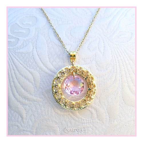 Collier pendentif cristal connecteur filigrane doré à l'or fin chaîne et mousqueton acier inoxydable doré (#c235)