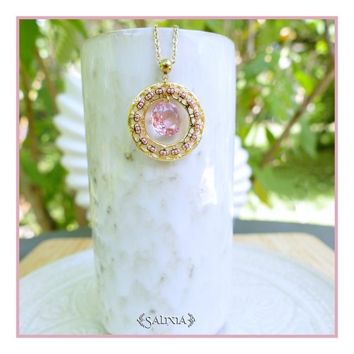 Collier pendentif cristal connecteur filigrane doré à l'or fin chaîne et mousqueton acier inoxydable doré à l'or fin (#c235)