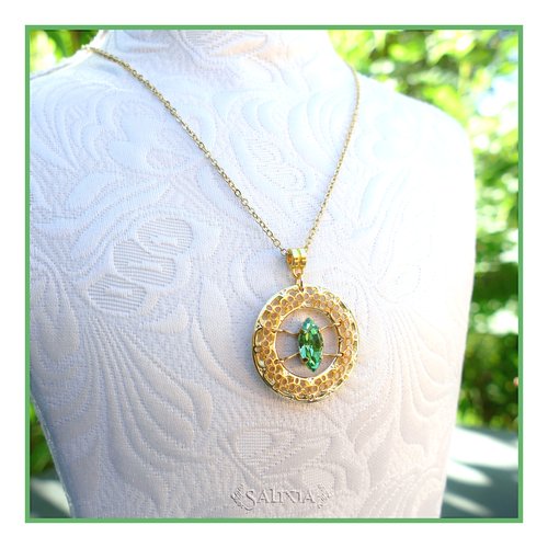 Collier pendentif cristal connecteur filigrane doré à l'or fin chaîne et mousqueton acier inoxydable doré (#c236)
