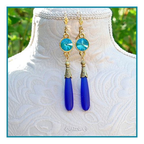 Boucles d'oreilles cristal bleu lagon gouttes seaglass bleu cobalt dormeuses ou crochets au choix (#bo640)