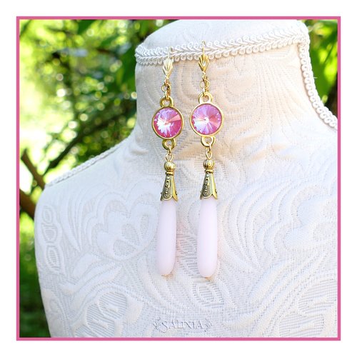 Boucles d'oreilles gouttes seaglass rose poudré cristal rose ultra irisé dormeuses ou crochets au choix (#bo644)