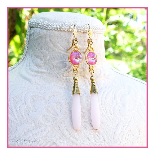 Boucles d'oreilles gouttes seaglass rose poudré cristal rose ultra irisé dormeuses ou crochets au choix (#bo644)