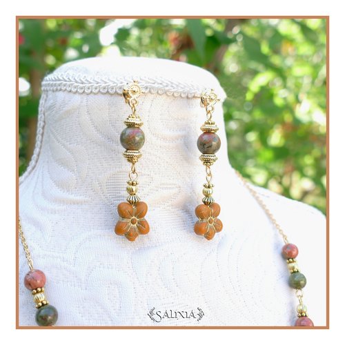 Boucles d'oreilles "alana" pierres fines d'unakite perles fleurs dormeuses crochets ou puces au choix (#bo597 p194) vidéo hd dans détails