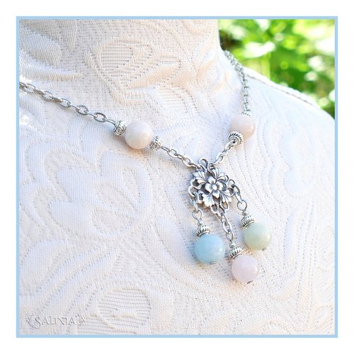 Collier "morgana" pierres fines de morganite laiton argent vieilli chaine et mousqueton acier inoxydable (#c227 p200)