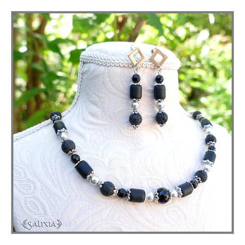 Collier "ciara black" agate noire pierre de lave onyx facetté laiton argent vieilli chaine et mousqueton acier inoxydable (#c228 p201)