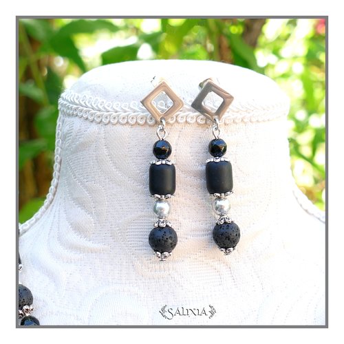 Boucles d'oreilles "ciara" black pierre de lave onyx noir laiton argent vieilli puces ou crochets acier inoxydable (#bo638 p201)