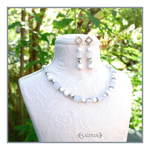Collier ciara white, jade blanc, cristal, perles de bohème, perles seaglass, chaine et mousqueton acier inoxydable (#c230 p204)