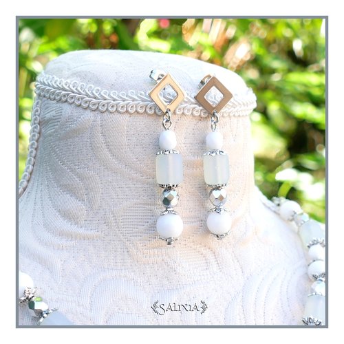Boucles d'oreilles "ciara" white jade blanc perles de bohème perles seaglass puces ou crochets acier inoxydable (#bo642 p204)
