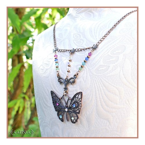 Collier vanessa, papillon cuivre strassé cristal (#c237 p206)