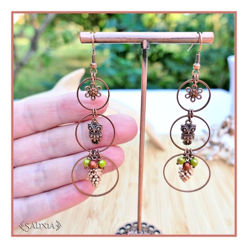 Boucles d'oreilles perles de bohème, petits hiboux, pomme de pin, anneaux et crochets cuivre (#bo667)