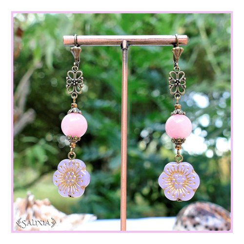 Boucles d'oreilles perles de jade rose perles fleurs de bohème lilas dormeuses ou crochets au choix (#bo668)
