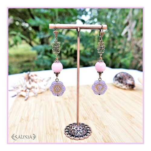 Boucles d'oreilles perles de jade rose perles fleurs de bohème lilas dormeuses ou crochets au choix (#bo668)