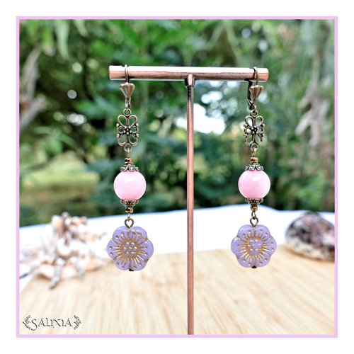 Boucles d'oreilles perles de jade rose perles fleurs de bohème lilas dormeuses ou crochets au choix (#bo668)