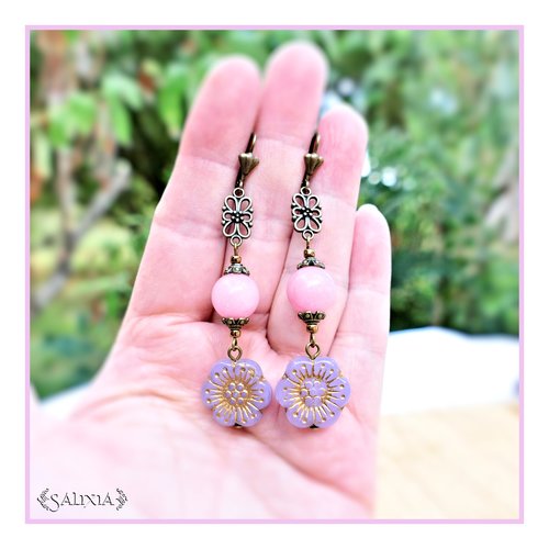 Boucles d'oreilles perles de jade rose perles fleurs de bohème lilas dormeuses ou crochets au choix (#bo668)