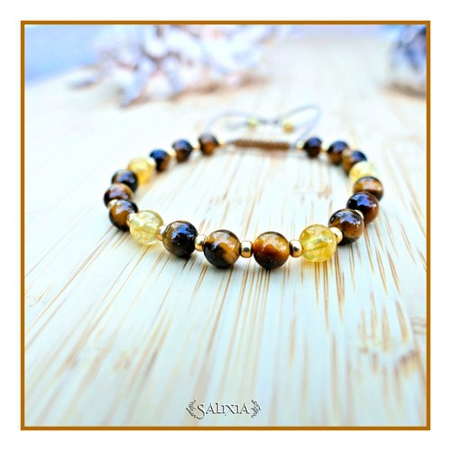 Bracelet pierres fines oeil de tigre et citrine fermoir tissage macramé (#bc193)