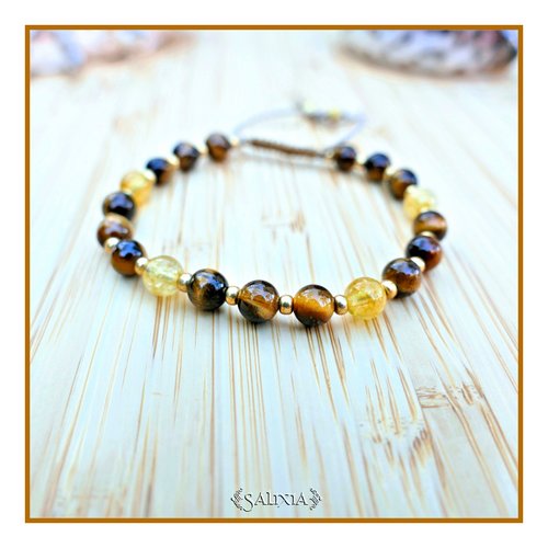 Bracelet pierres fines oeil de tigre et citrine fermoir tissage macramé (#bc193)