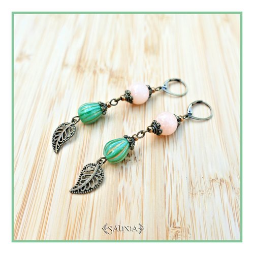 Boucles d'oreilles perles de jade pêche, gouttes de bohème vertes patiné bronze doré dormeuses ou crochets au choix (#bo669)
