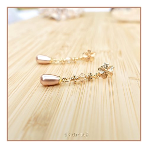 Boucles d'oreilles ella gouttes nacrées rose doré et perles miel très clair en cristal puces fleurs en laiton doré à l'or fin (#bo631)
