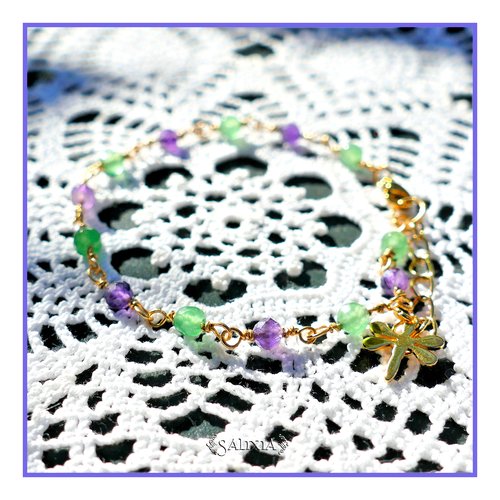 Bracelet pierres fines d'améthyste et d'aventurine breloque libellule et mousqueton acier inoxydable doré (#bc212)