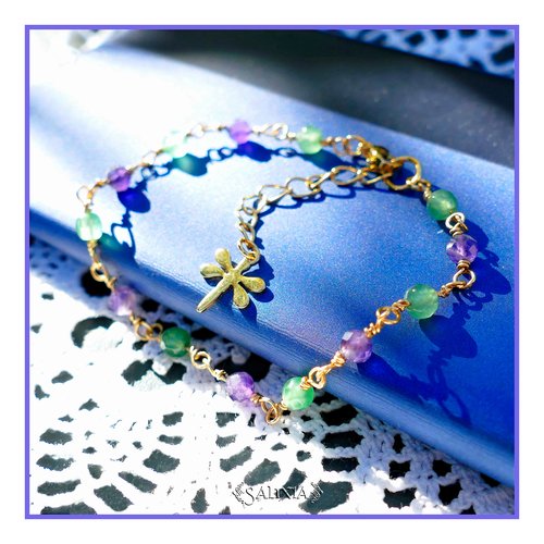 Bracelet pierres fines d'améthyste et d'aventurine breloque libellule et mousqueton acier inoxydable doré (#bc212)