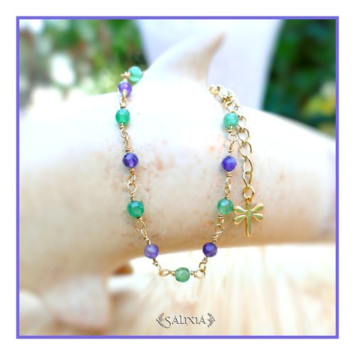 Bracelet pierres fines d'améthyste et d'aventurine breloque libellule et mousqueton acier inoxydable doré (#bc212)