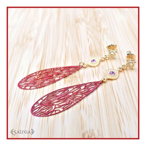 Boucles d'oreilles ailes de libellule filigrane lasercut laiton doré à l'or fin puces ou crochets au choix (#bo663)