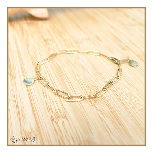 Bracelet chaine rectangle breloques et mousqueton acier inoxydable doré (#bc270)