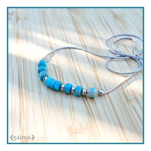 Collier perles heishi jaspe aqua terra turquoise entiérement en acier inoxydable (#c239)