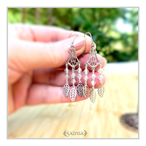 Collection fairy : boucles d'oreilles cristal aurore boréale connecteur art déco breloques feuilles crochets acier inoxydable (#bo651)