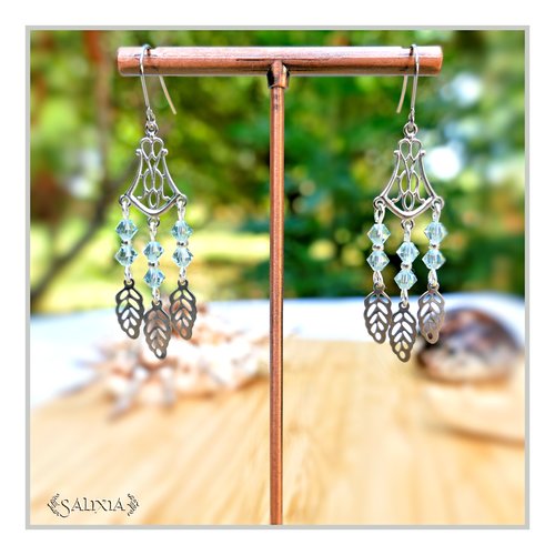 Collection fairy : boucles d'oreilles cristal bleu pâle connecteur art déco breloques feuilles crochets acier inoxydable (#bo652)