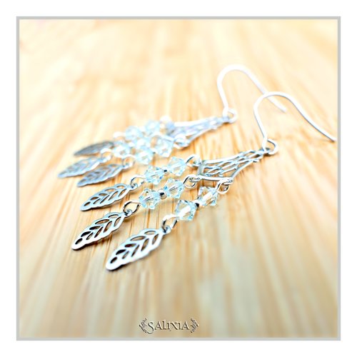 Collection fairy : boucles d'oreilles cristal bleu pâle connecteur art déco breloques feuilles crochets acier inoxydable (#bo652)