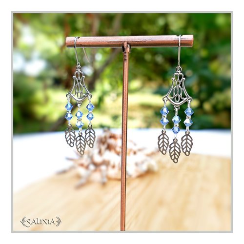 Collection fairy : boucles d'oreilles cristal saphir clair connecteur art déco breloques feuilles crochets acier inoxydable (#bo653)
