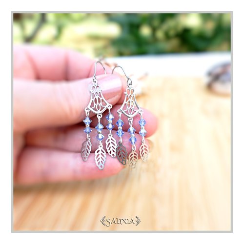Collection fairy : boucles d'oreilles cristal saphir clair connecteur art déco breloques feuilles crochets acier inoxydable (#bo653)