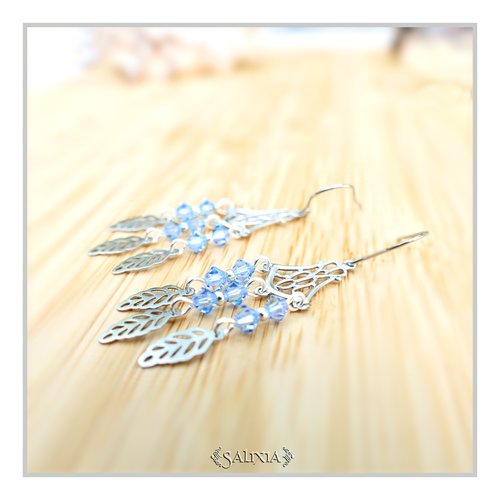 Collection fairy : boucles d'oreilles cristal saphir clair connecteur art déco breloques feuilles crochets acier inoxydable (#bo653)