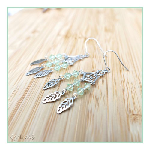Collection fairy : boucles d'oreilles cristal vert clair, connecteur art déco, breloques feuilles, crochets acier inoxydable (#bo654)