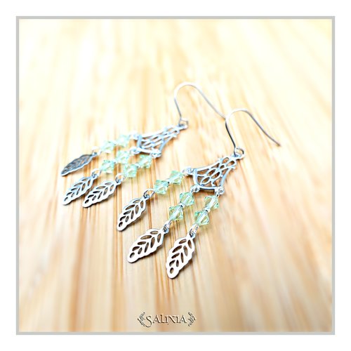 Collection fairy : boucles d'oreilles cristal vert clair connecteur art déco breloques feuilles crochets acier inoxydable (#bo654)